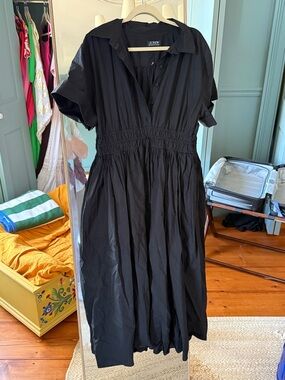 J. Crew Black Shirred-Waist Midi Dress with Collared V-Neck